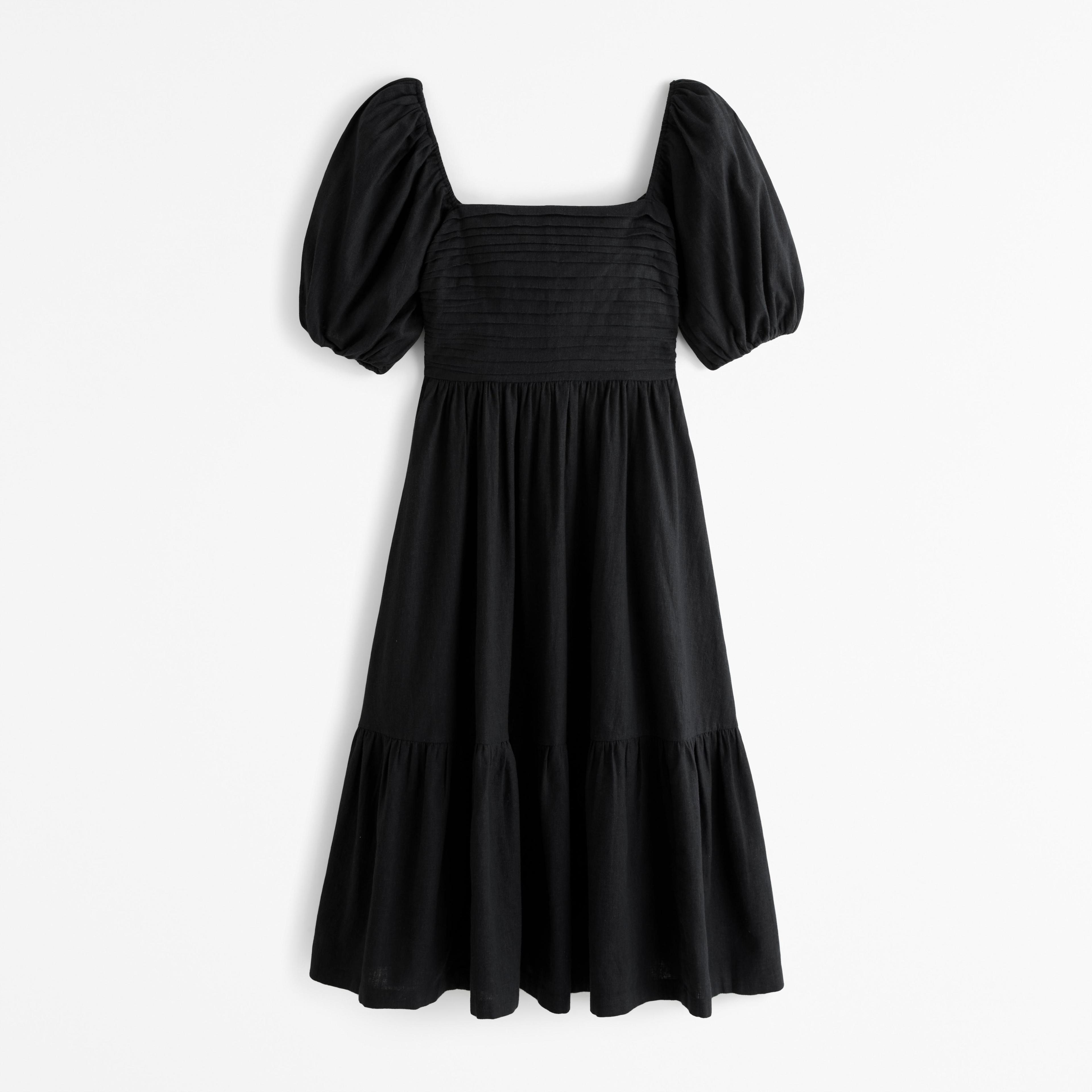 The A&F Emerson Linen-Blend Puff Sleeve Midi Dress Product Image