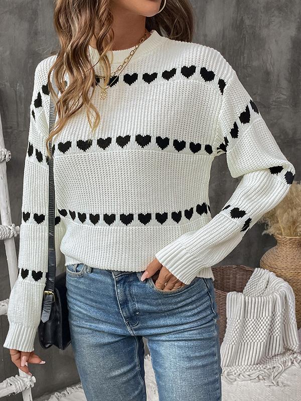 Long Sleeves Loose Heart Print Split-Joint Round-Neck Pullovers Sweater Tops product image