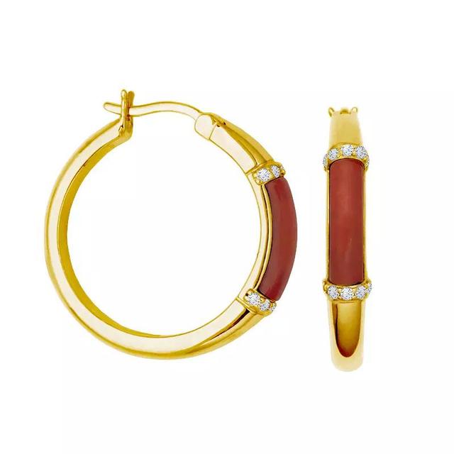 Dynasty Jade 18k Gold Over Silver Dyed Red Jade & Cubic Zirconia Hoop Earrings, Womens, Gold Tone Product Image