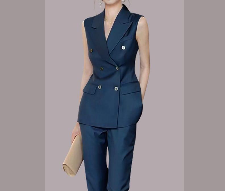 Set: Peak Lapel Plain Double Breasted Vest + Mid Rise Cropped Straight Leg Slacks Product Image