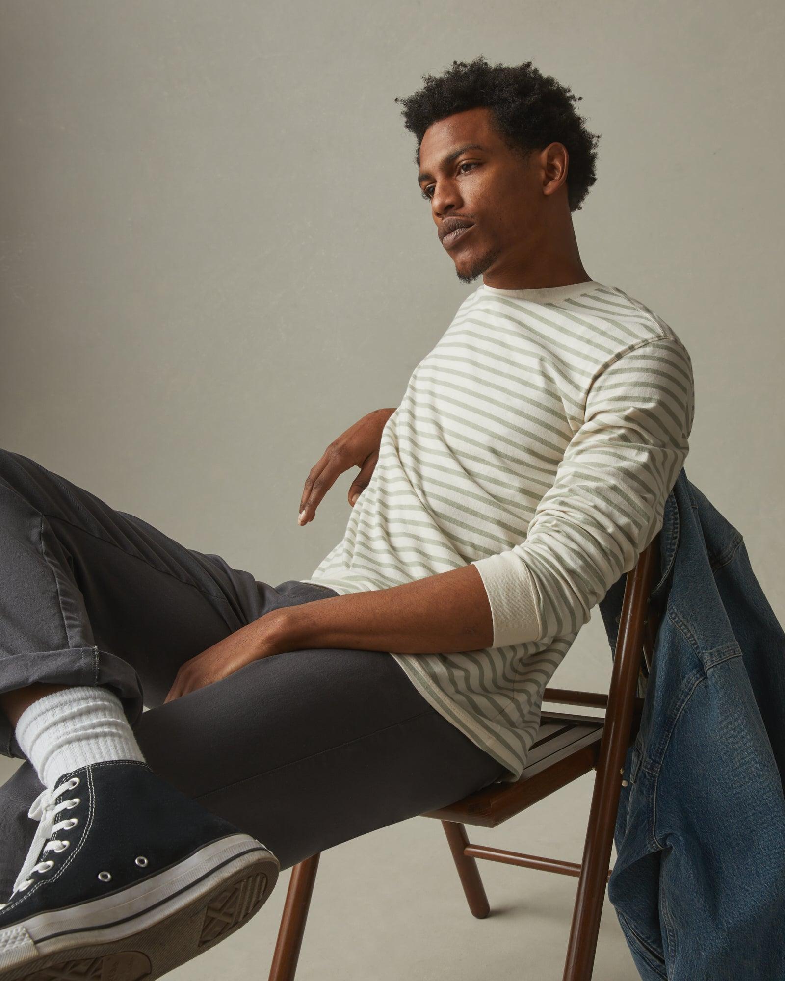 Striped Classic Cotton Crew Tee Long Sleeve - Turtledove/Eucalyptus  Product Image