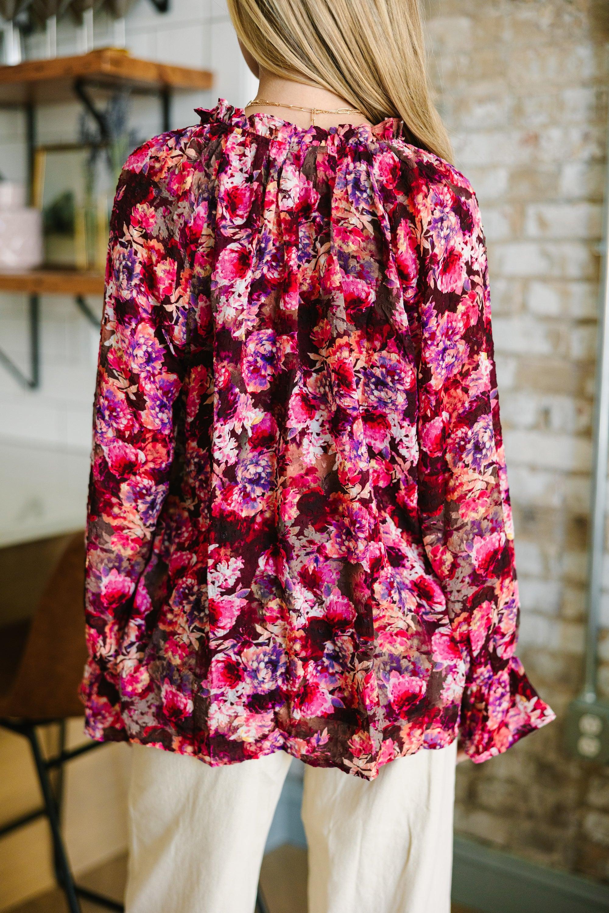 Open Your Eyes Burgundy Red Floral Blouse Female Product Image