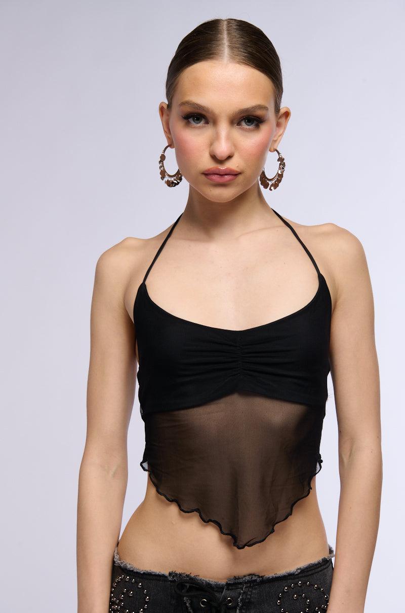 ALL YOUR LOVE HALTER TIE NECK MESH CROP TANK IN BLACK Product Image