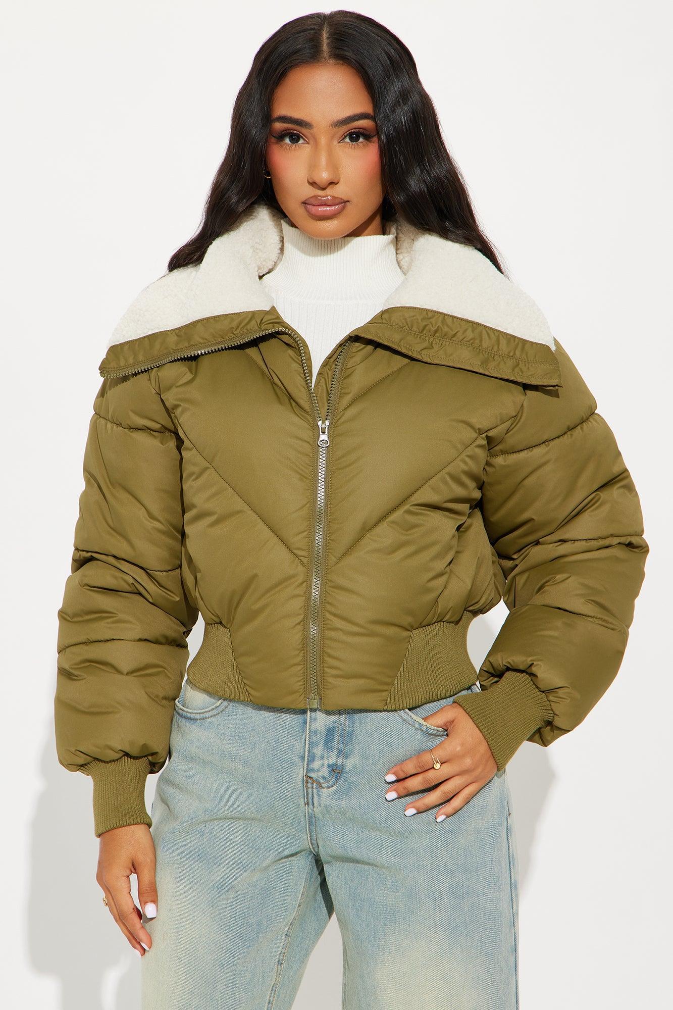 Akari Sherpa Collar Puffer Jacket - Olive Product Image