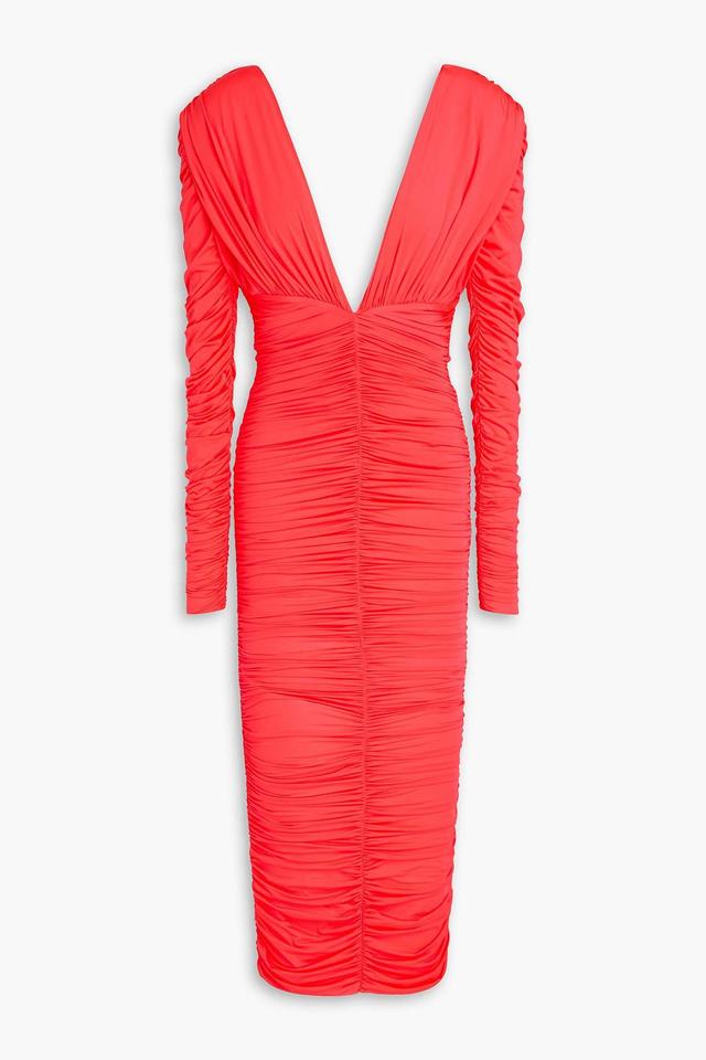 Ruched Neon Stretch-jersey Midi Dress In Papaya Product Image