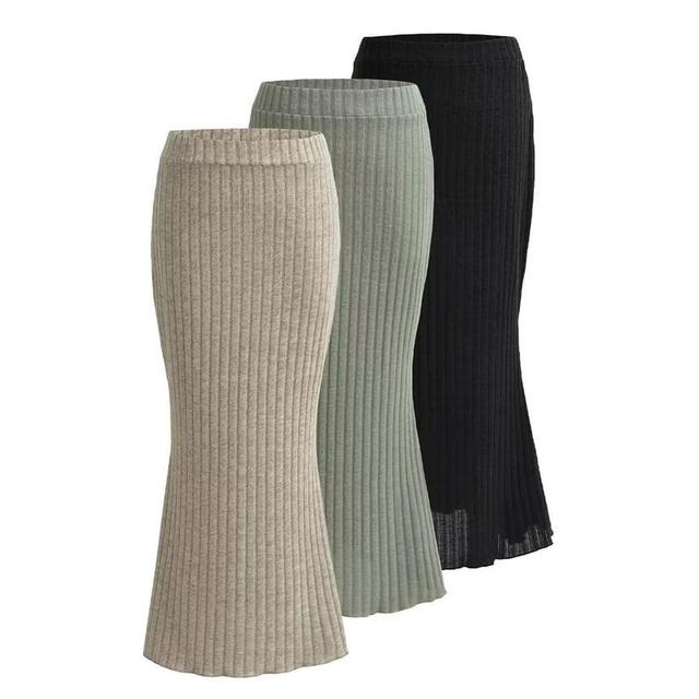 High Waist Plain Ribbed-Knit Midi Pencil Skirt Product Image