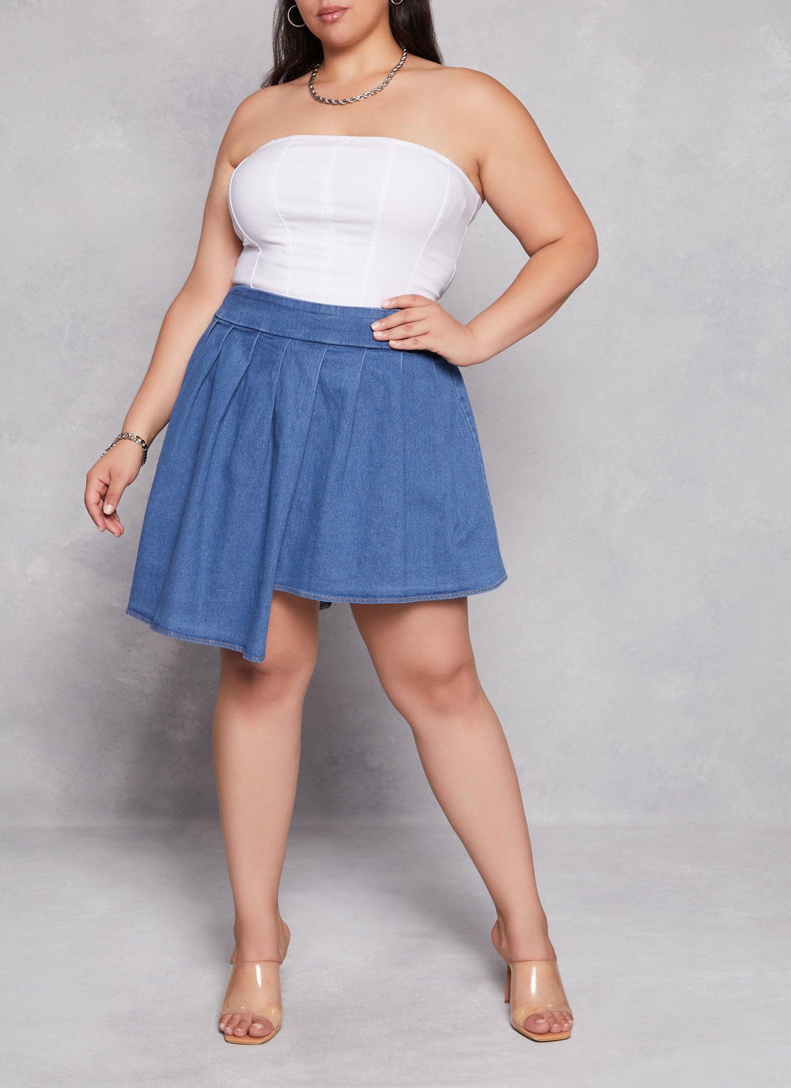 Womens Plus Size Daisy Asymmetrical Pleated Denim Skort Product Image