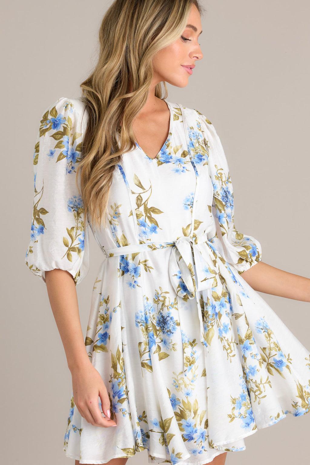 Cobalt Cosmos Blue Floral Quarter Sleeve Mini Dress Product Image