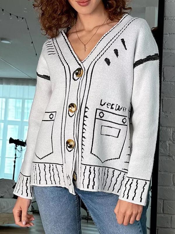 Long Sleeves Loose Buttoned Contrast Color V-Neck Cardigan Tops Product Image