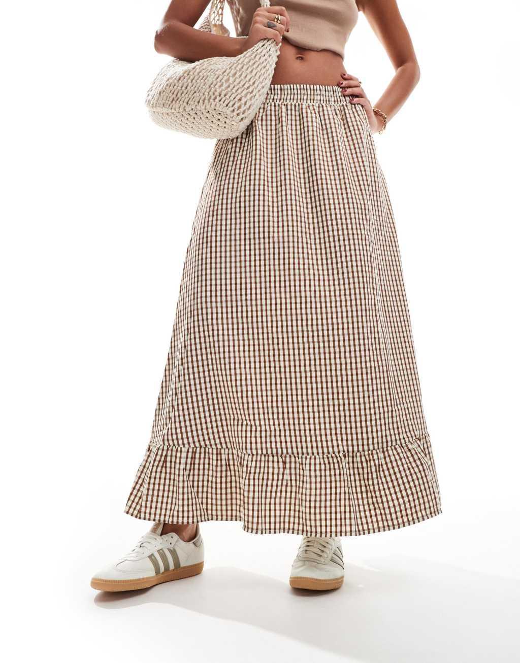 ONLY gingham maxi skirt in brown  Product Image