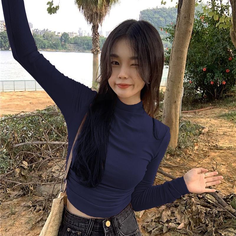 Long-Sleeve High Neck Plain Crop Top Product Image