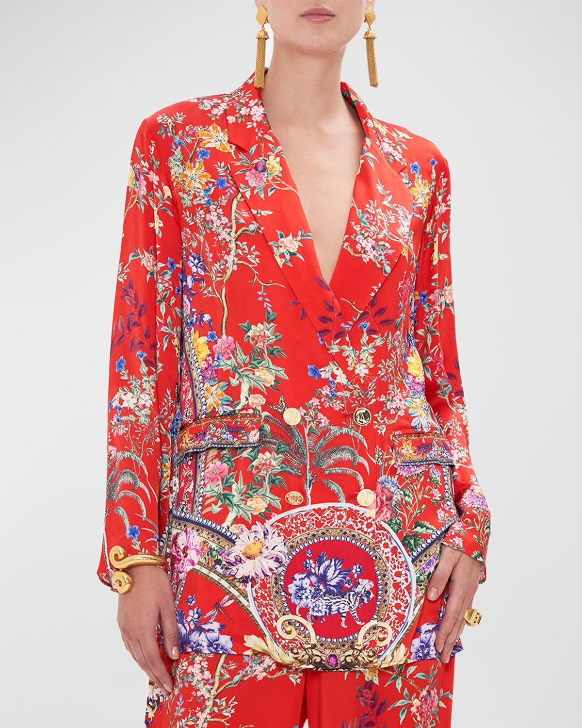 Flared-Sleeve Double-Breasted Floral Silk Jacket Product Image