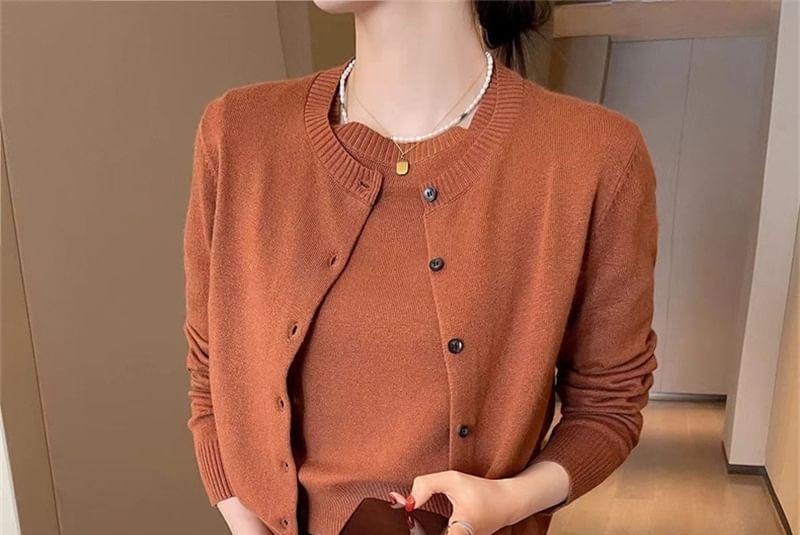 Set: Short-Sleeve Round Neck Plain Knit Top + Button-Up Cardigan Product Image