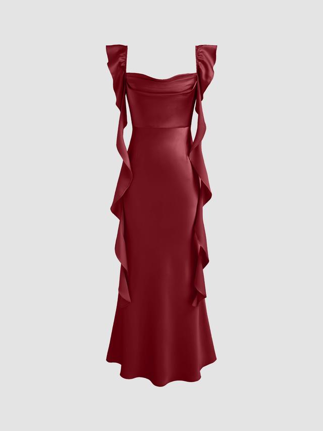 Satin Cowl Neck Solid Ruffle Hem Maxi Dress Product Image