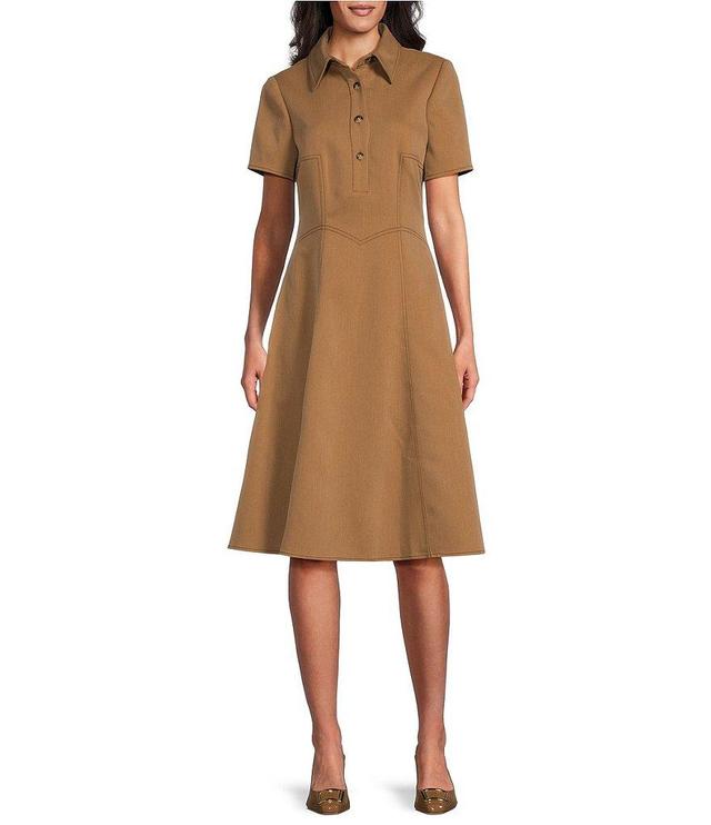 Preston & York Lenora Stretch Twill Point Collar Short Sleeve Basque Waistline Below the Knee Fit and Flare Dress Product Image