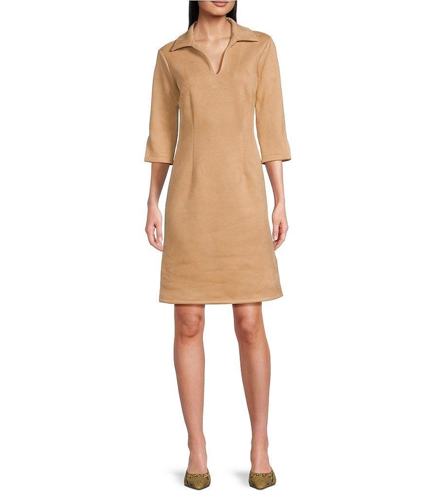 Jude Connally Michelle Faux Suede Split V-Neck Point Collar 3/4 Sleeve Shift Dress product image