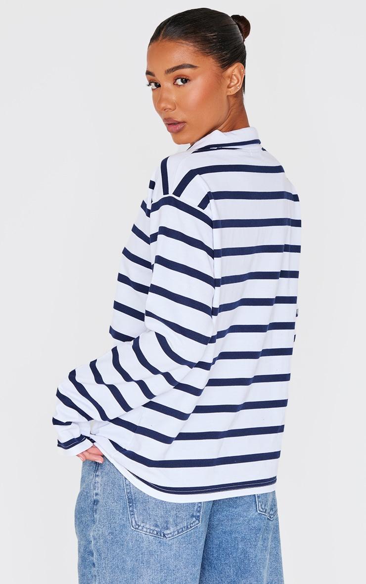 Blue And White Contrast Stripe V Neck Collared Sweatshirt Product Image