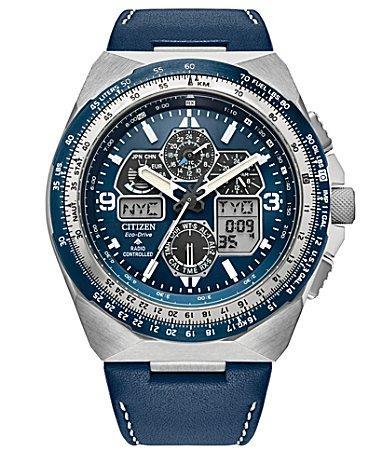 Citizen Eco-Drive Mens Chronograph Promaster Skyhawk Blue Leather Strap Watch 46mm Product Image