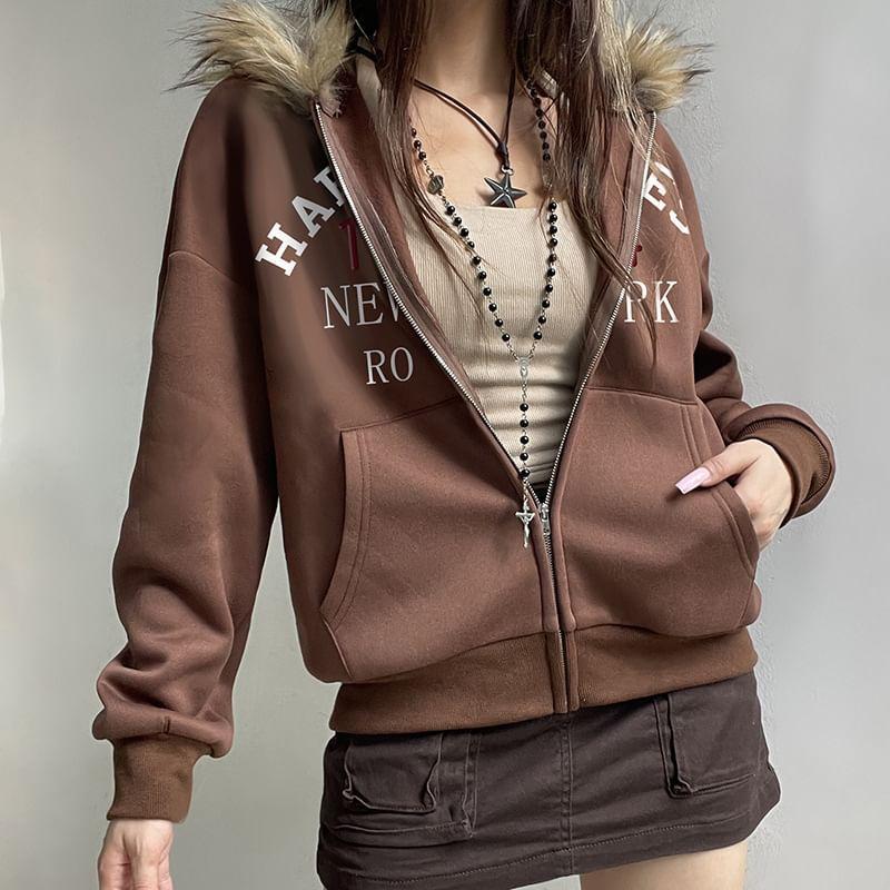 Fluffy Trim Lettering Zip Up Hoodie Product Image