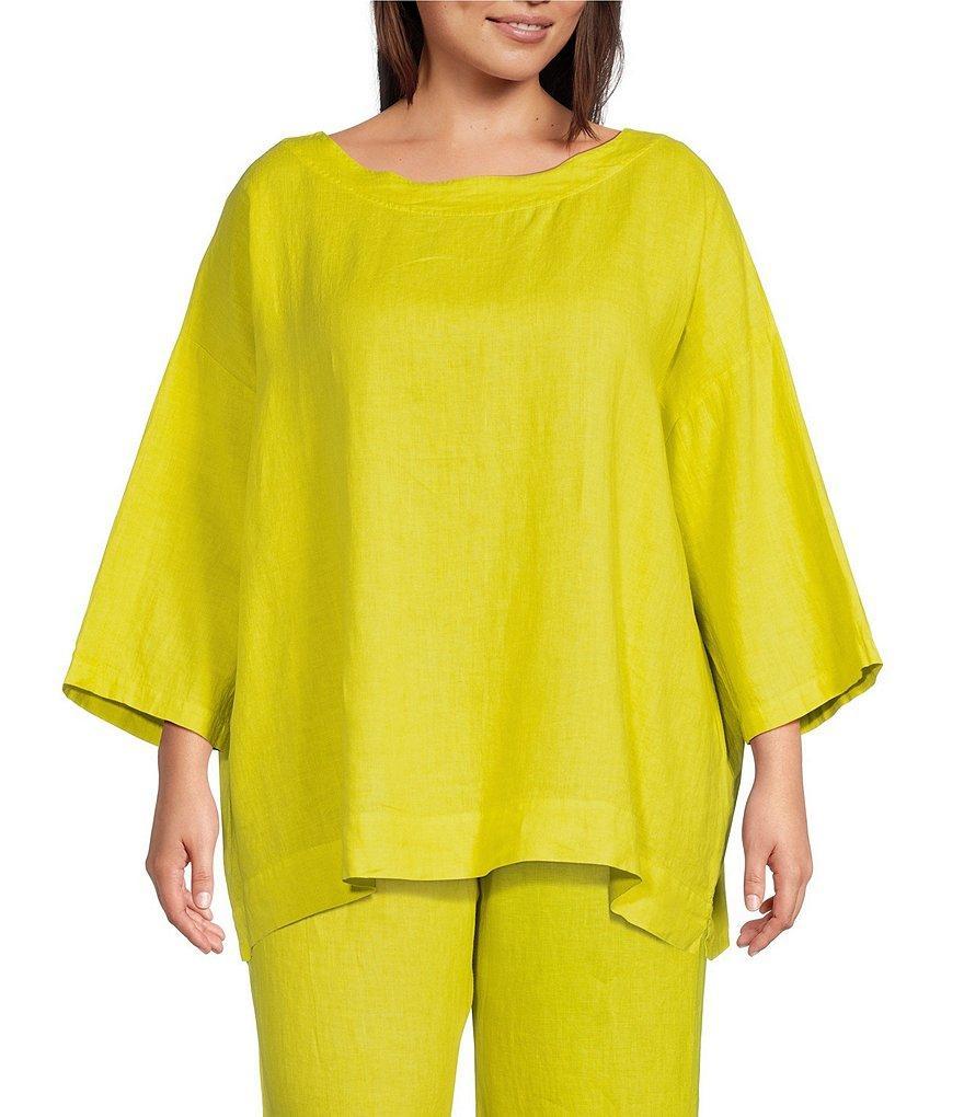 Bryn Walker Plus Size Resort Light Linen Boat Neck 3/4 Sleeve Dropped Shoulder Coordinating Shirt Product Image