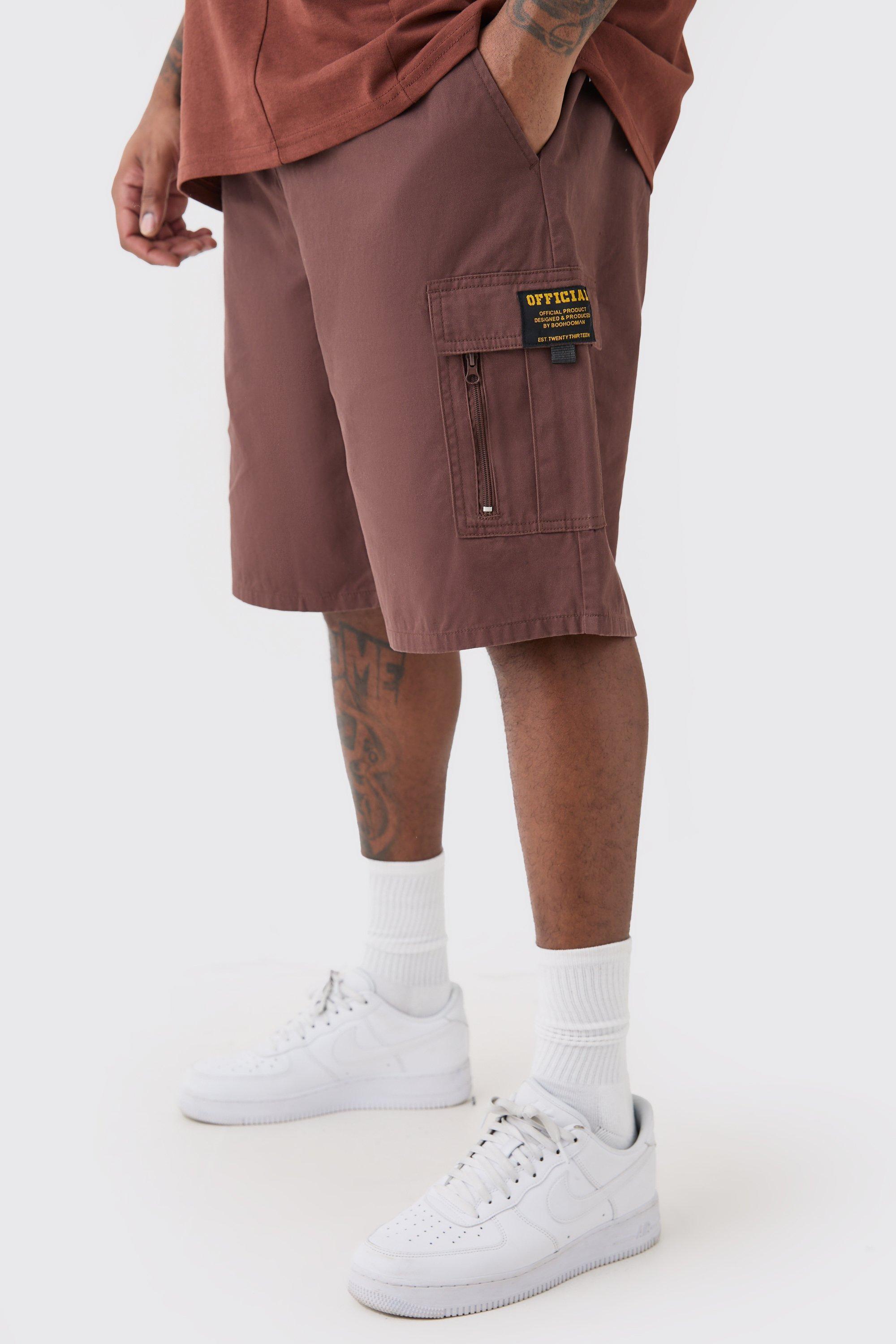 Mens Brown Plus Fixed Waist Twill Relaxed Cargo Zip Detail Tab Short, Brown Product Image