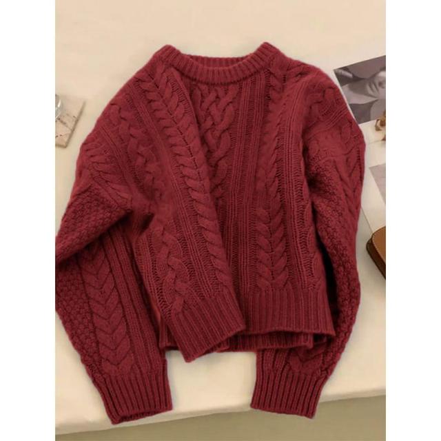 Round Neck Plain Cable Knit Sweater Product Image