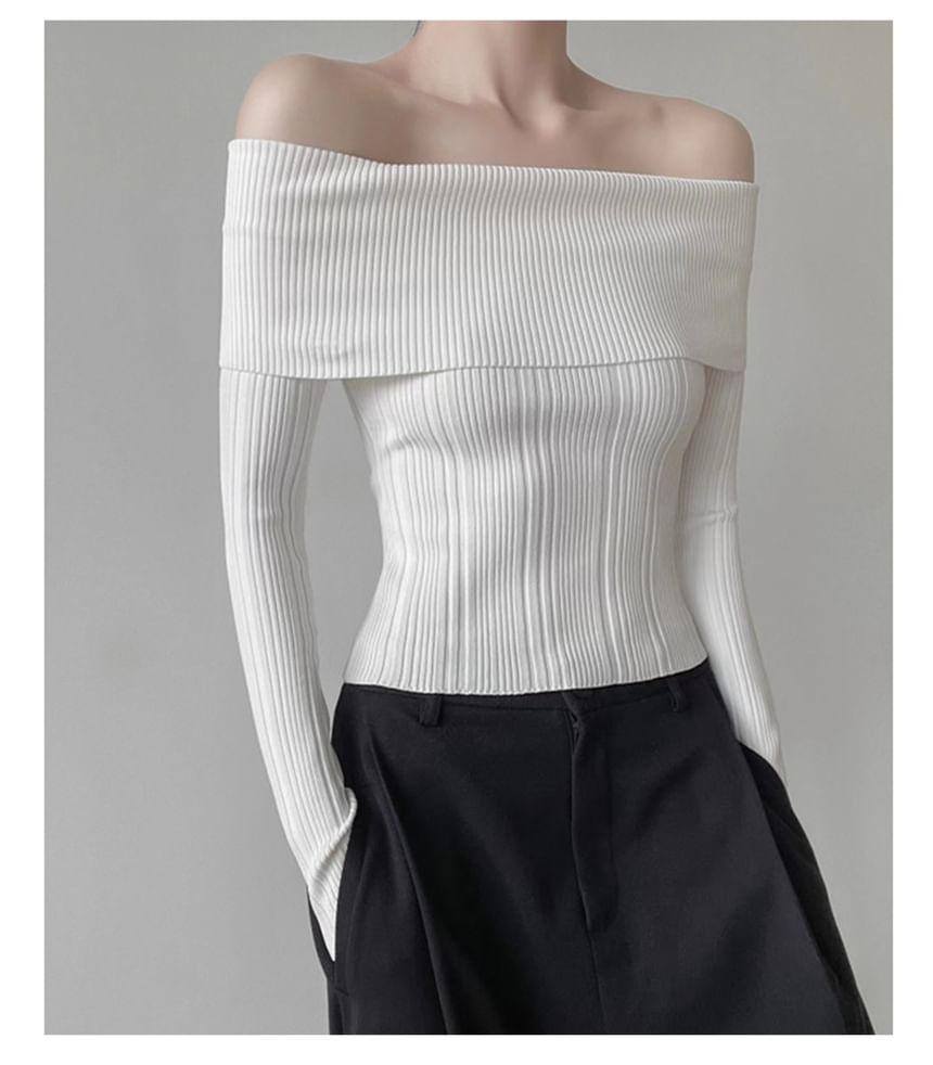 Long Sleeve Off Shoulder Plain Ribbed Knit Top Product Image