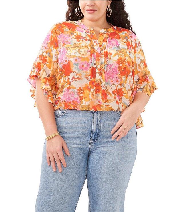 Vince Camuto Plus Size Watercolor Floral Print Split V-Neck 3/4 Flutter Sleeve Henley Top Product Image