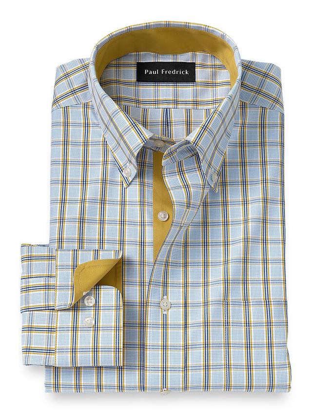 Non-Iron Cotton Windowpane Dress Shirt With Contrast Trim - Blue/yellow Product Image