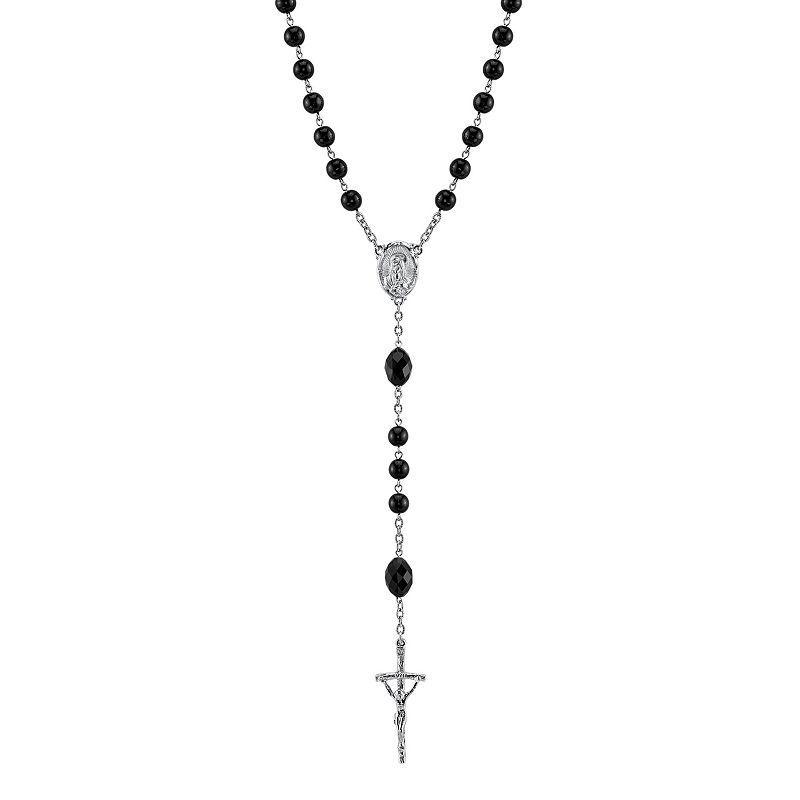 Symbols of Faith Bead Papal Crucifix Rosary Necklace, Womens Black Product Image