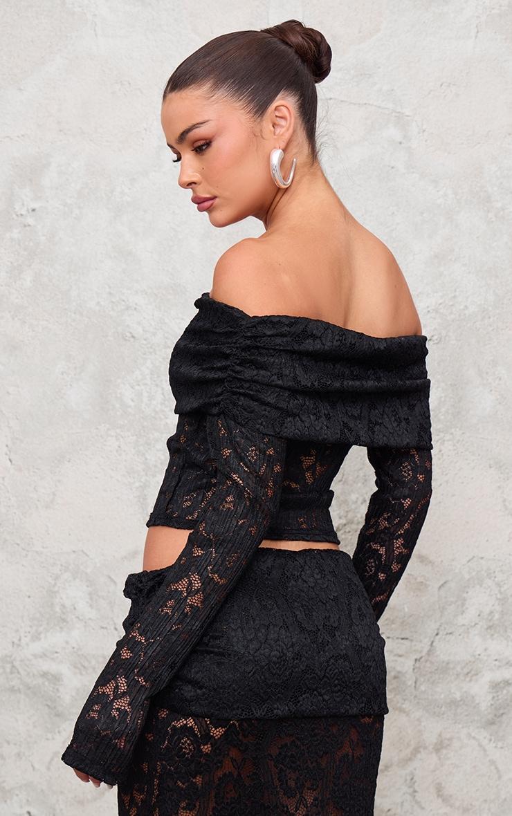 Black Pleated Lace Foldover Bardot Crop Top Product Image