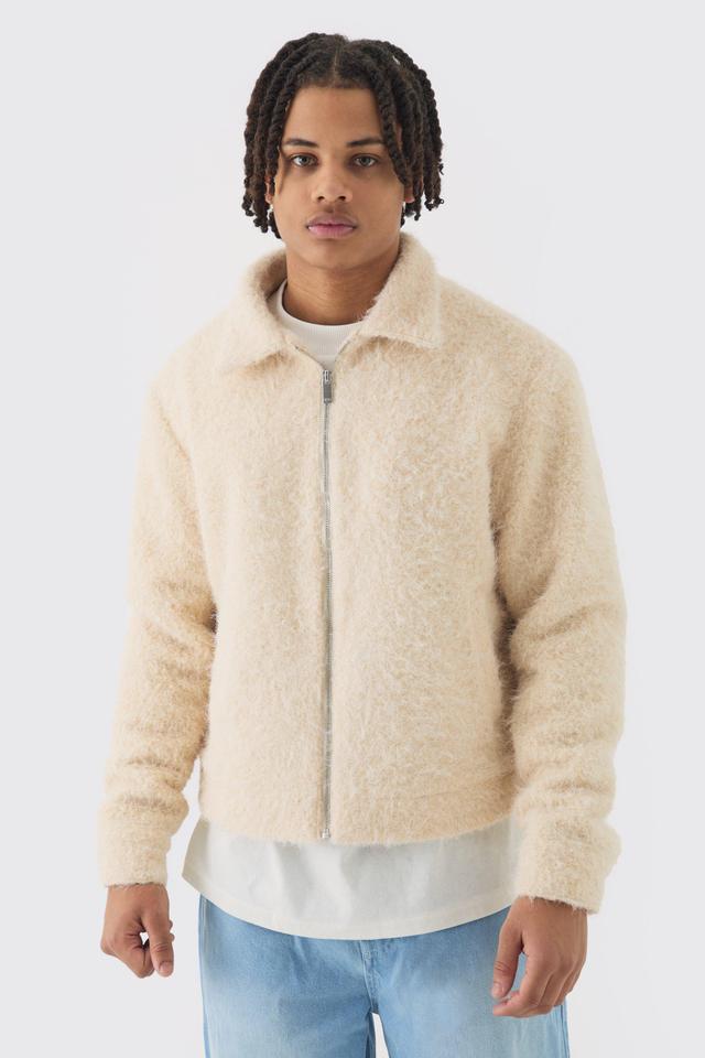 Boxy Fluffy Texture Harrington Jacket In Ecru | boohooMAN USA Product Image