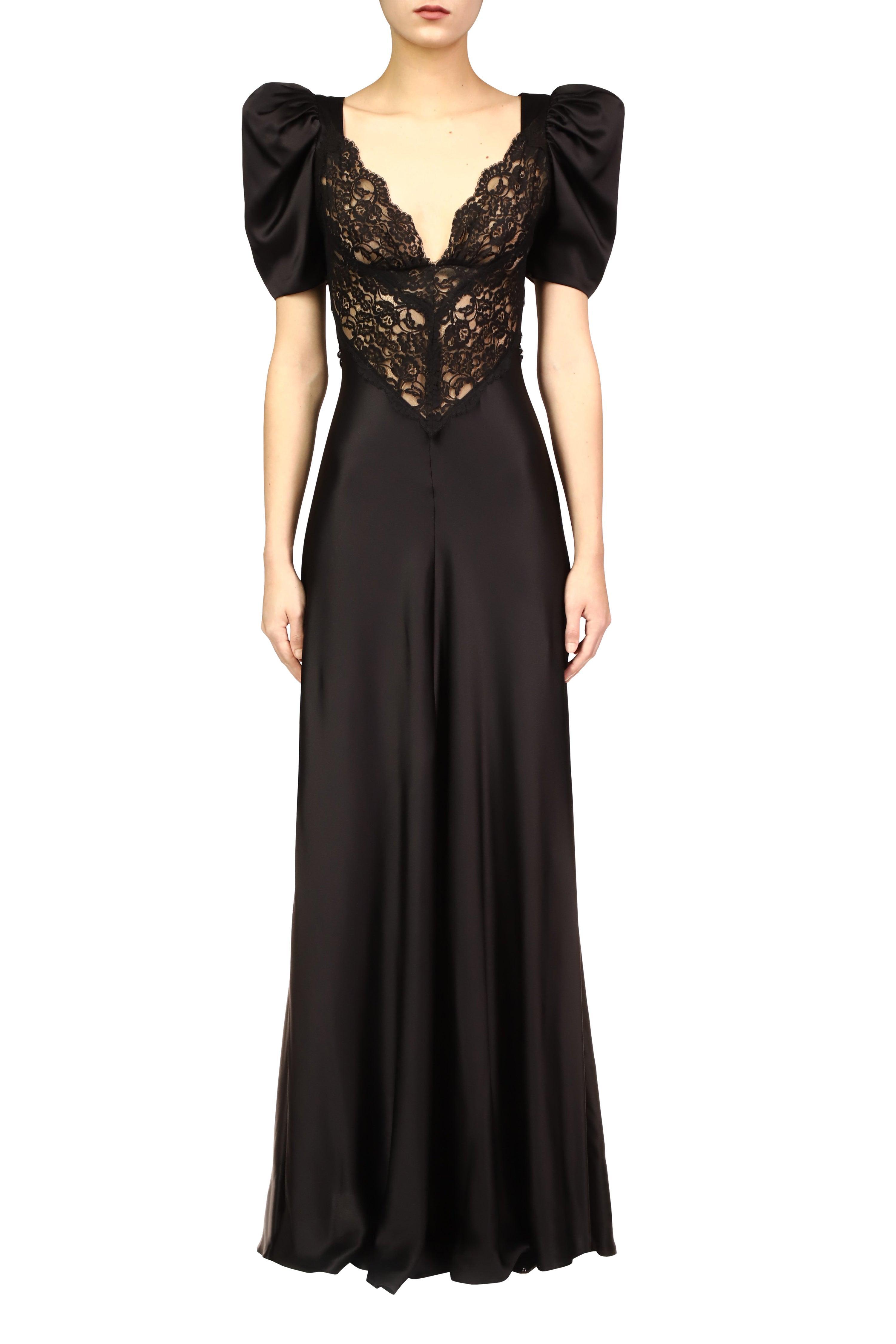 Black Silk Short Sleeve Gown With Black Lace Details Product Image