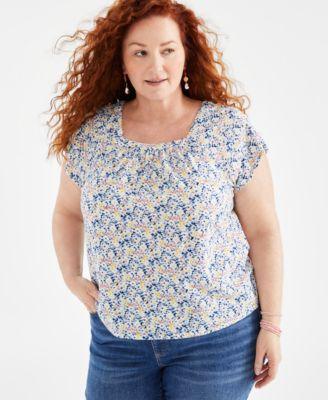 Plus Size Cotton Printed Square-Neck Flutter-Sleeve Top, Created for Macy's  Product Image