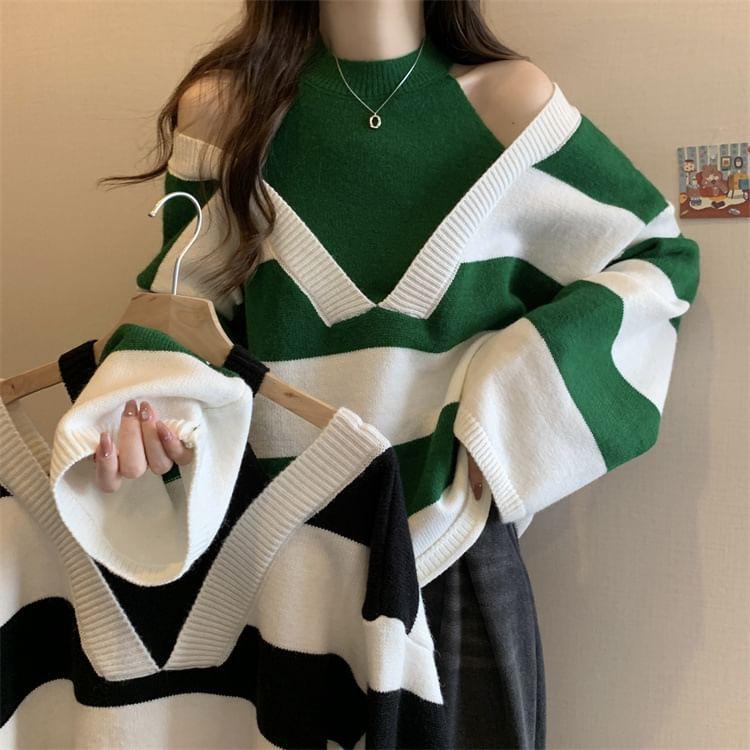 Cold Shoulder Striped Mock Two Piece Oversized Sweater Product Image