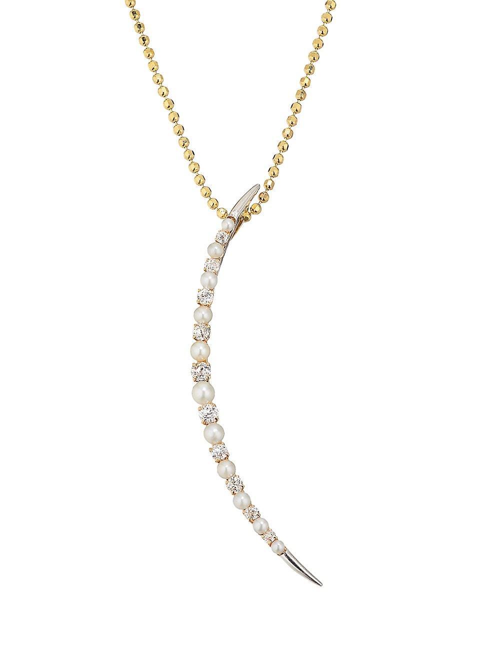 Womens Two-Tone 18K Gold, Natural Pearl & 1 TCW Diamond Crescent Moon Pendant Necklace Product Image