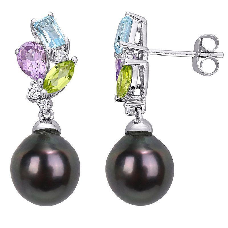 Stella Grace 10k White Gold Multi Gemstone & Black Tahitian Cultured Pearl Drop Earrings, Womens, White Gold Tone Product Image