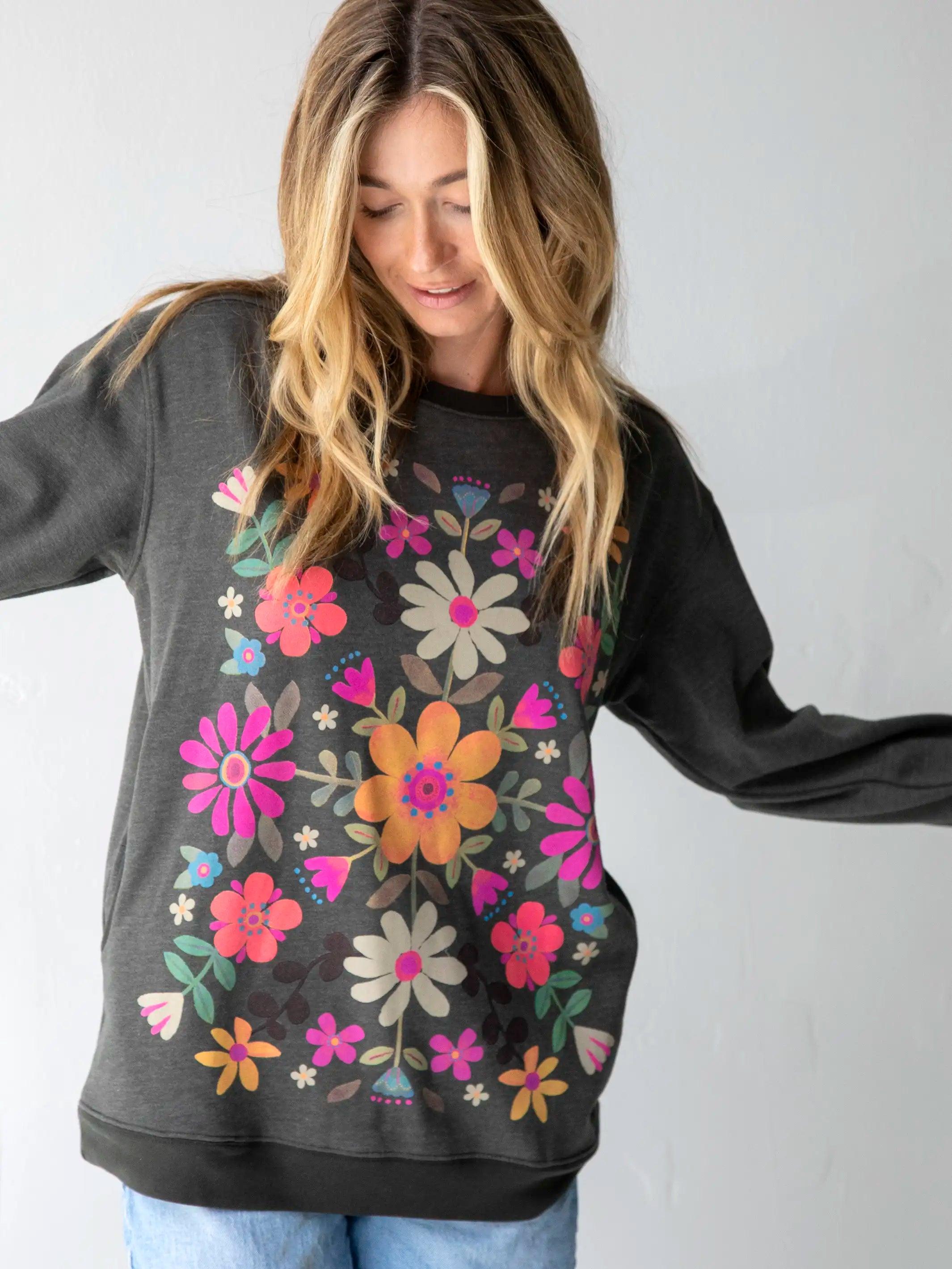 Comfy Pocket Sweatshirt - Folk Flowers Charcoal Product Image