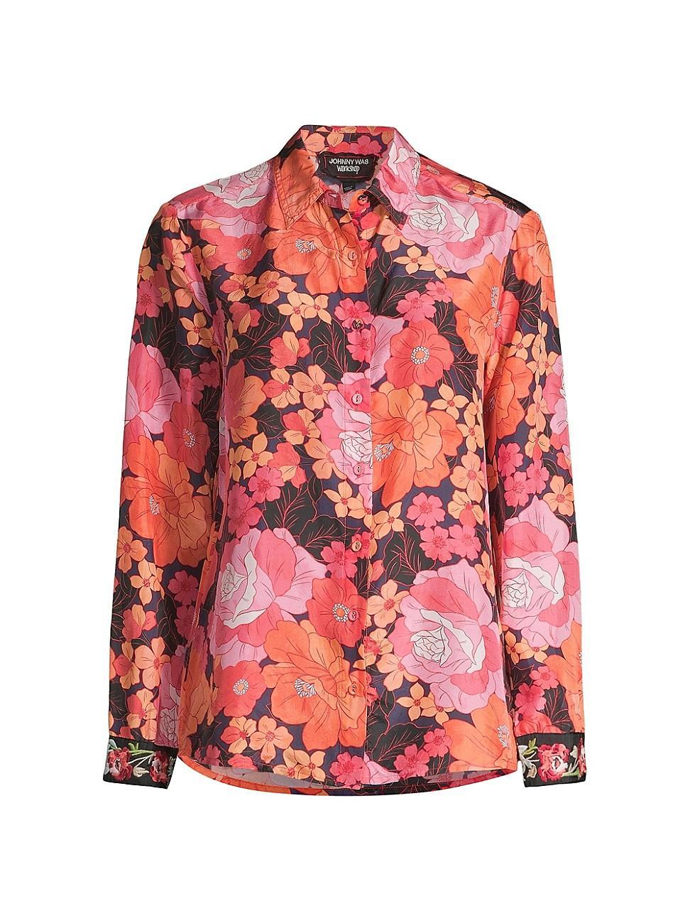 Becca Floral-Print Button-Down Silk Shirt Product Image