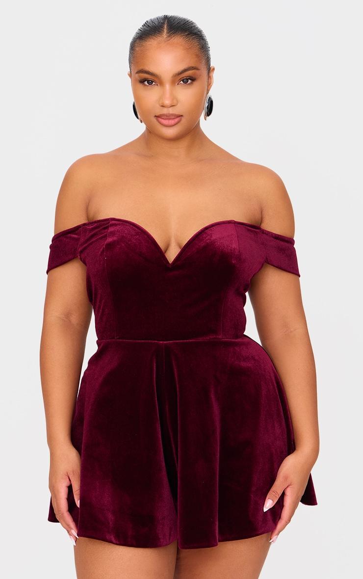 Plus Cherry Red Velvet Bardot Sweetheart Neckline Floaty Romper Product Image