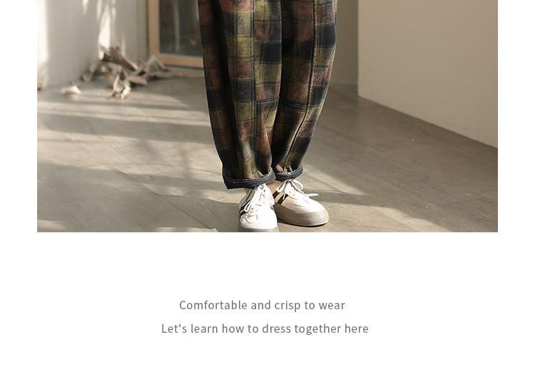 Drawstring Waist Plaid Fleece-Lined Barrel Leg Pants Product Image