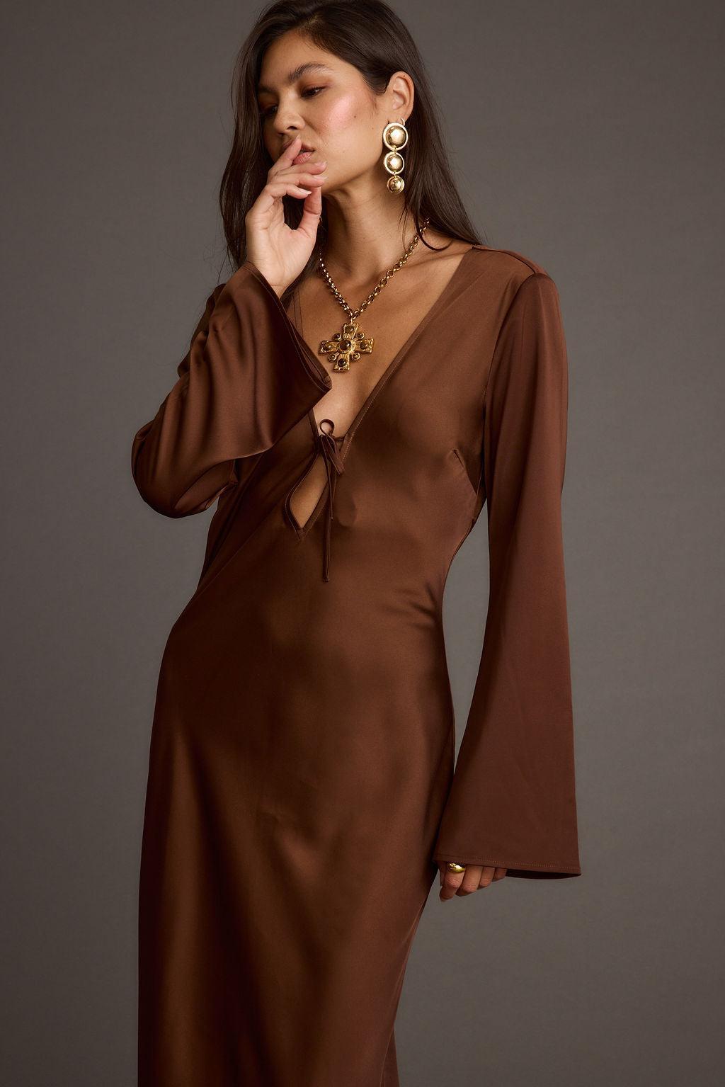 Strokes Mocha Long Sleeve Plunge Satin Maxi Dress Product Image