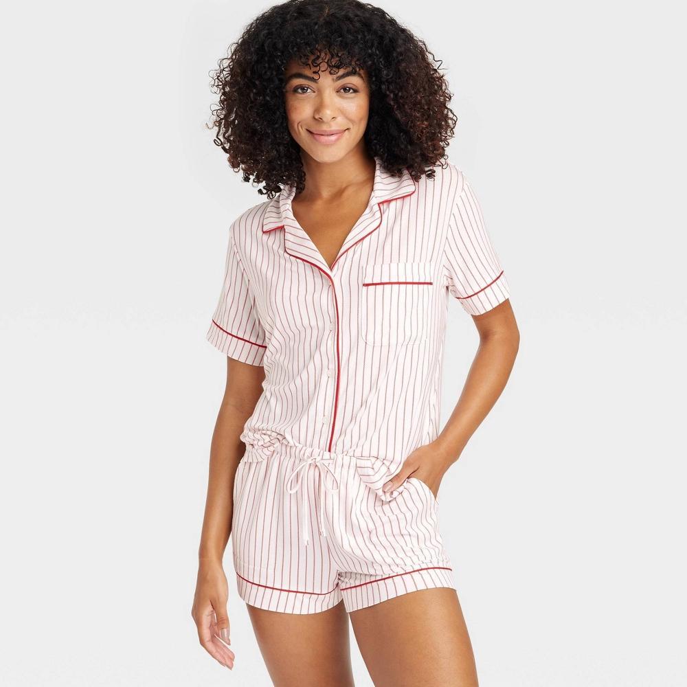 Womens Striped Cloud Knit Short Sleeve Top and Shorts Pajama Set - Auden Cream L Product Image