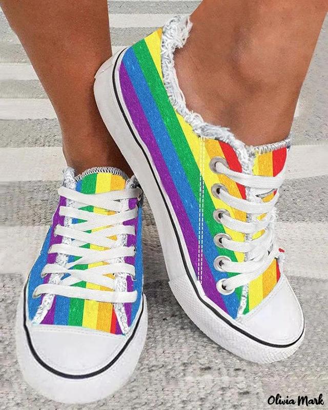 Olivia Mark – Rainbow Stripe Print Lace-up Canvas Sneakers – Perfect for Pride Month Product Image