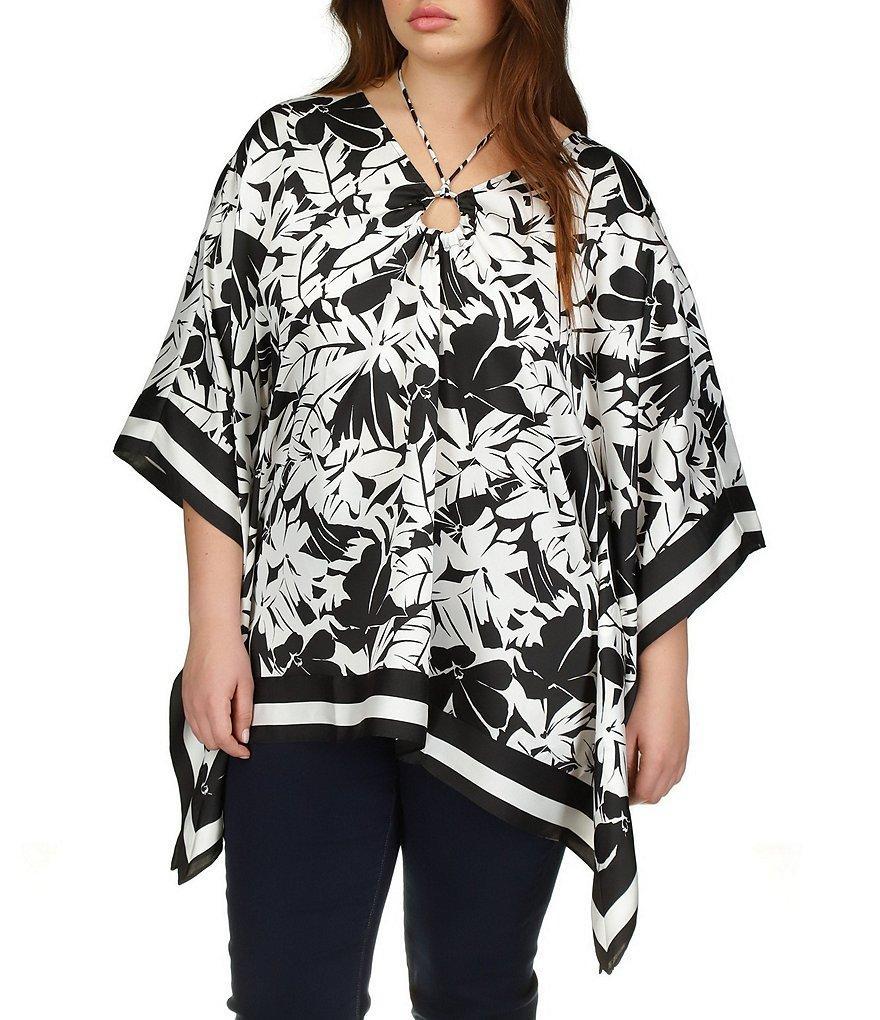 Michael Kors Plus Size Floral Printed V-Neck 3/4 Sleeve Poncho Top Product Image