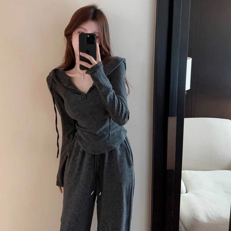 Plain Slim Fit Half-Zip Hoodie / High Rise Wide Leg Sweatpants Product Image