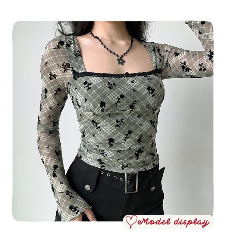 Long-Sleeve Square Neck Plaid Floral Jacquard Lace Trim Slim Fit Crop Top Product Image