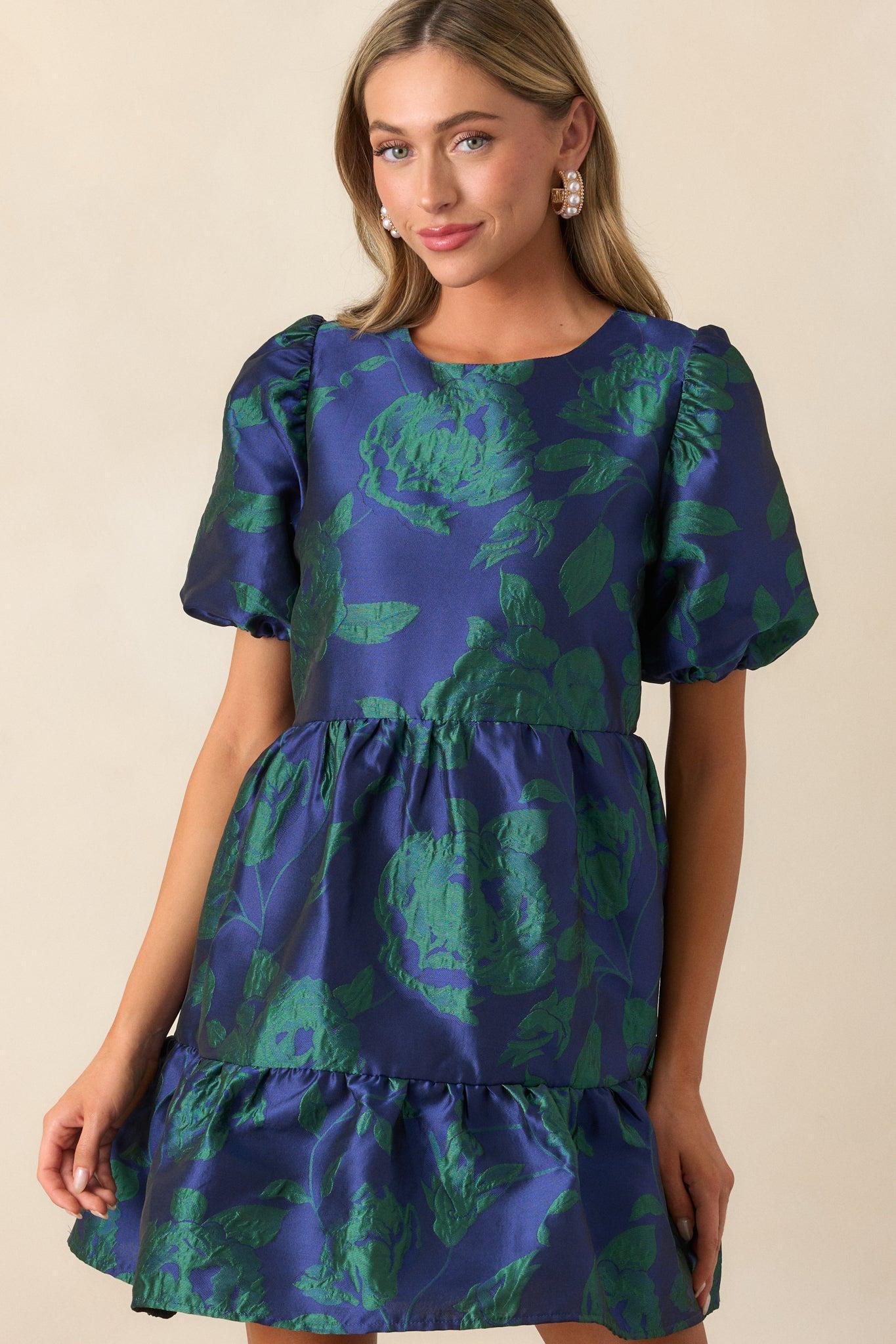 Making It Shine Midnight Blue Floral Jacquard Mini Dress Product Image