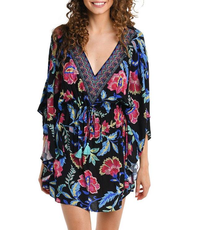 La Blanca Midnight Magic Floral Print V-Neck Drawstring Waist Caftan Swim Cover-Up Product Image