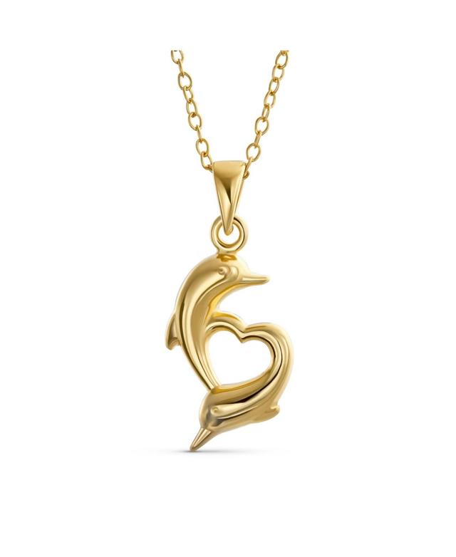 Bling Jewelry Nautical Tropical Vacation Honeymoon Swimming Heart Dolphins Charm Pendant Necklace For Women 14K Plated .925 Sterling Silver - Gol Product Image